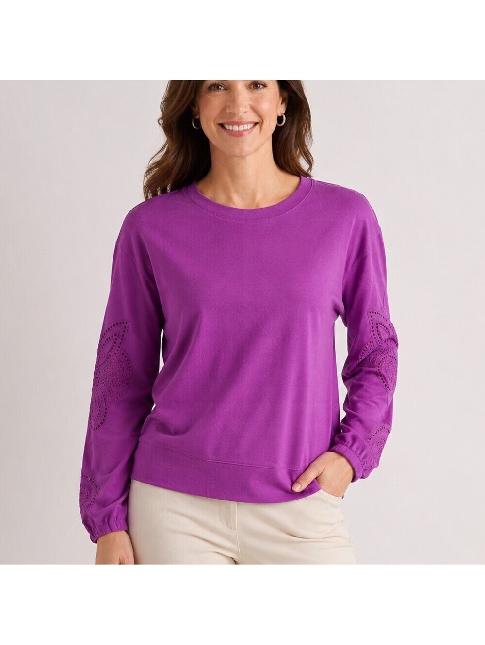 Talbots Purple Eyelet Sleeve Crewneck Sweater Pullover Women’s Medium Coastal